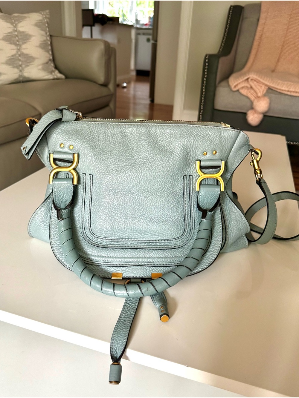 Chloé Medium Marcie Leather Satchel in Dusty Light Blue Top Handle & Crossbody